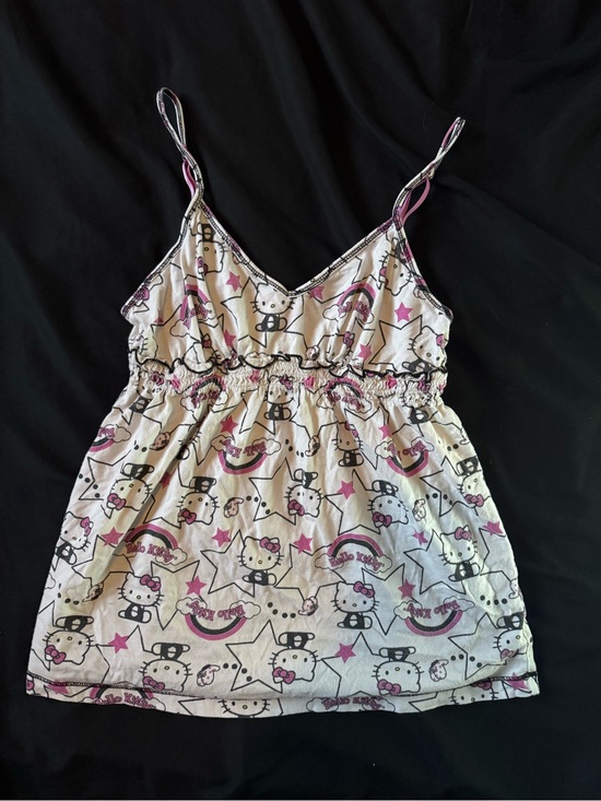 Hello Kitty Tops - Hello Kitty 2010 Collection Y2K Print Cream and Pink Spaghetti Strap Tank Top